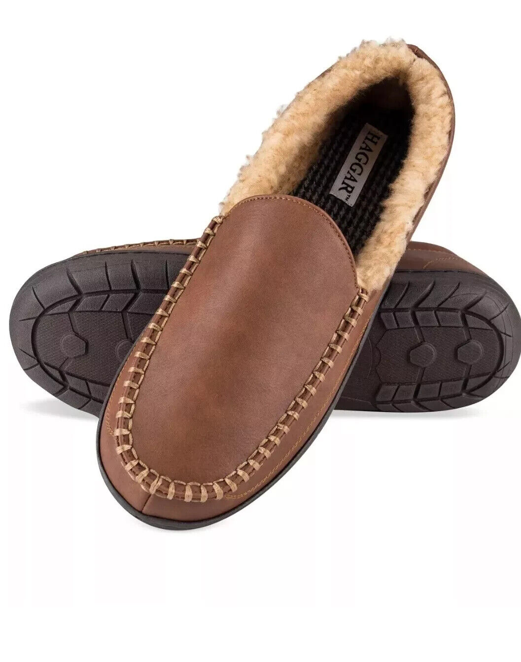 Haggar Mens Faux Leather Slip on Loafer Slippers TAN Size XL 11-12